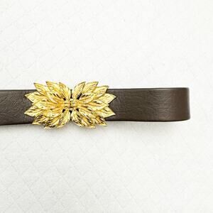 Vintage Gold Flower Brown Leather Belt Vintage Clasp Size M